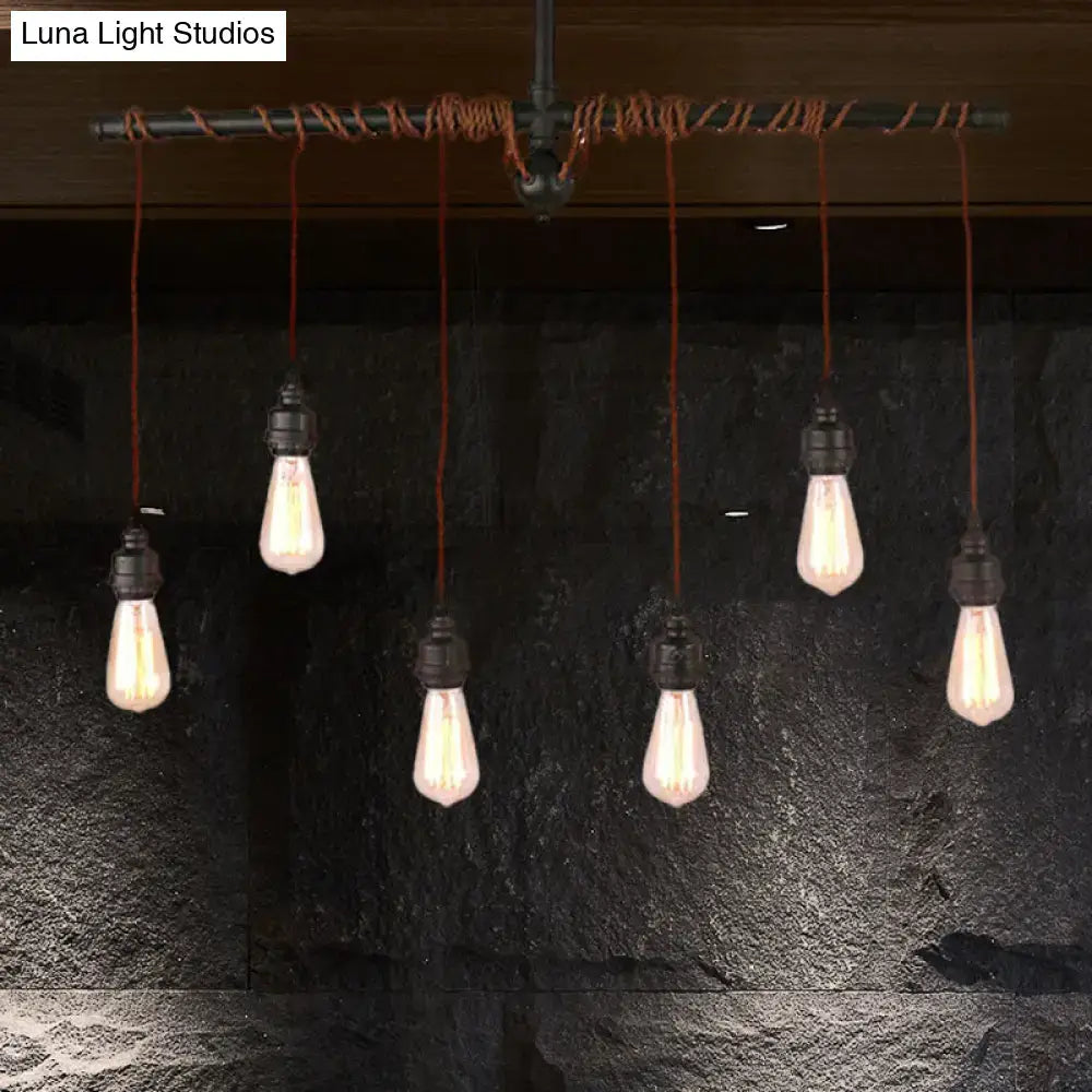 Decorbites vintage 6-light tubing pendant lamp with black finish and chain cord length featuring edison bulbs