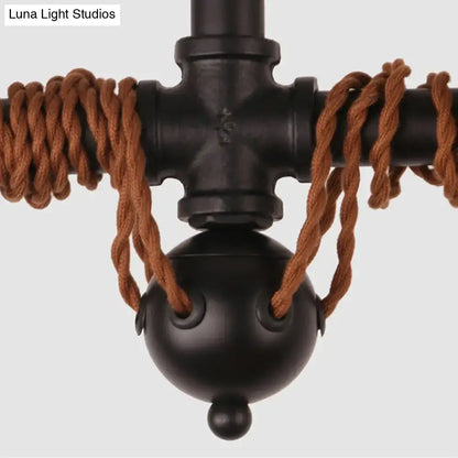 Black finish vintage 6-light tubing pendant lamp with twisted brown fabric chain cord length and spherical bulb holder
