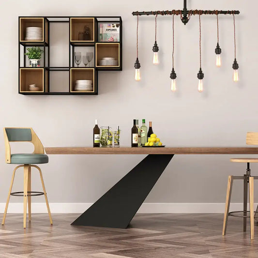 Modern black and wood dining table paired with decorbites vintage 6-light tubing pendant lamp with black finish and chain cord length