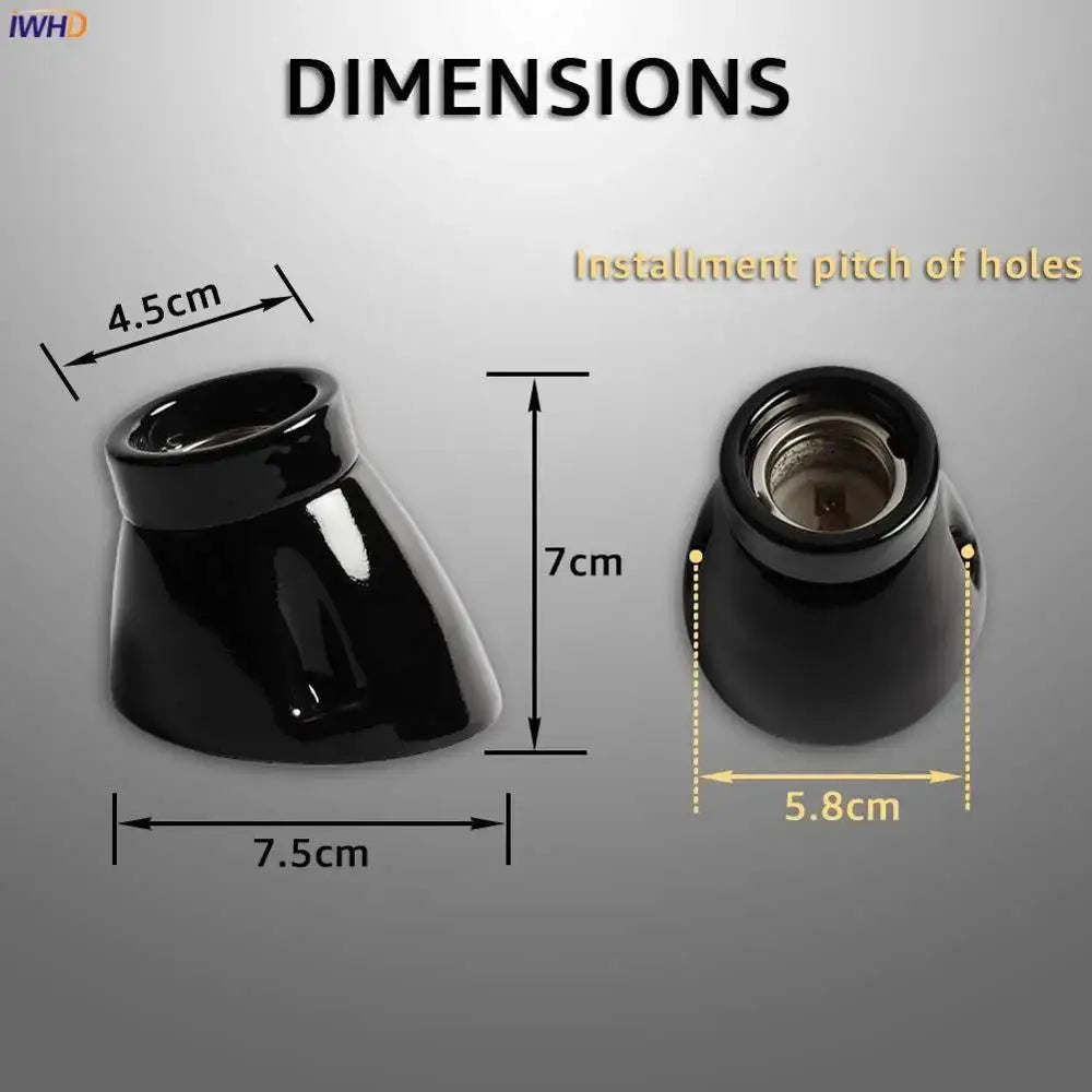 Vintage black glossy ceramic lamp holder socket with threaded metal interior for bedroom table light fitting