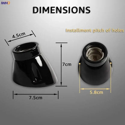 Vintage black glossy ceramic lamp holder socket with threaded metal interior for bedroom table light fitting