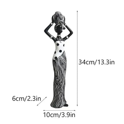 Black and white ceramic figurine of african women resin sculpture with polka dot dress for decorbites african women decor