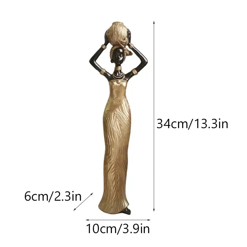 A tall african women resin sculpture in gold-toned dress with black limbs carrying a woven basket for decorbites decor