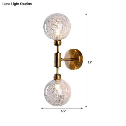 Vintage black and gold brass wall sconce with two clear glass crackled globes compatible with e26 e27 bulbs