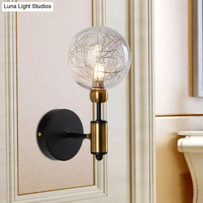 Vintage black and gold clear glass wall sconce with spherical bulb and intricate wire detailing for e26 e27 bulbs