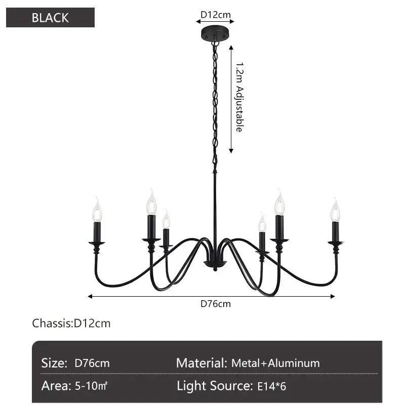 Vintage black and gold metal pendant light with six candle-style lights and adjustable chain for dining room