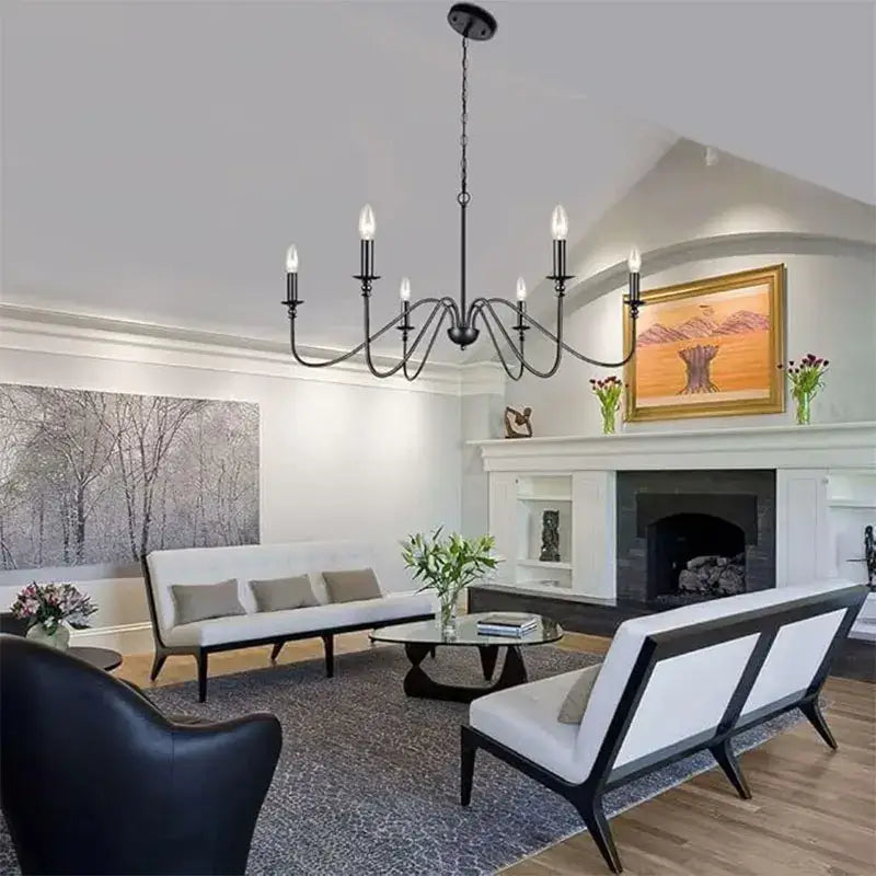 Black wrought iron vintage metal pendant light with multiple candle-style bulbs for dining room chandelier lighting