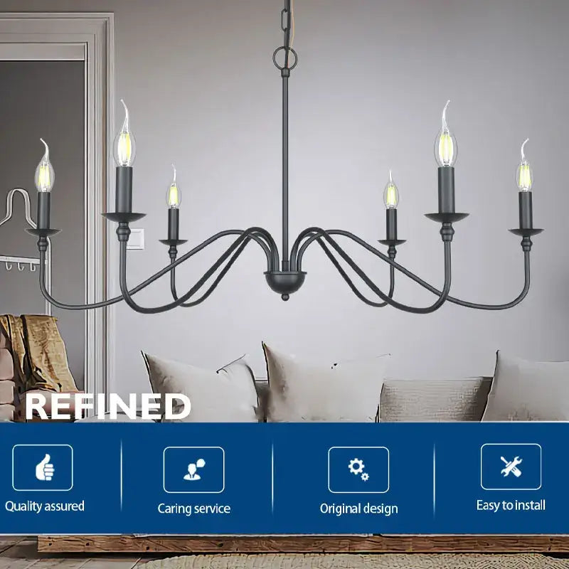 Vintage black and gold metal pendant light with six candle-style bulbs for dining room chandelier lighting