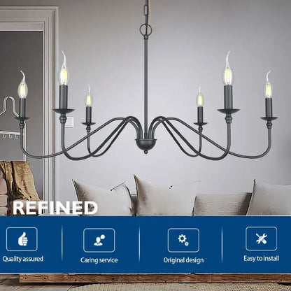Vintage black and gold metal pendant light with six candle-style bulbs for dining room chandelier lighting