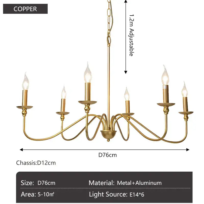Vintage black and gold metal pendant light with copper-finished six-light chandelier and candle-style bulbs