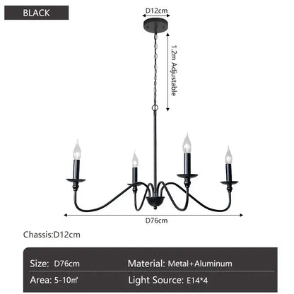 Vintage black and gold metal pendant light chandelier with five candle-style lights for dining room use