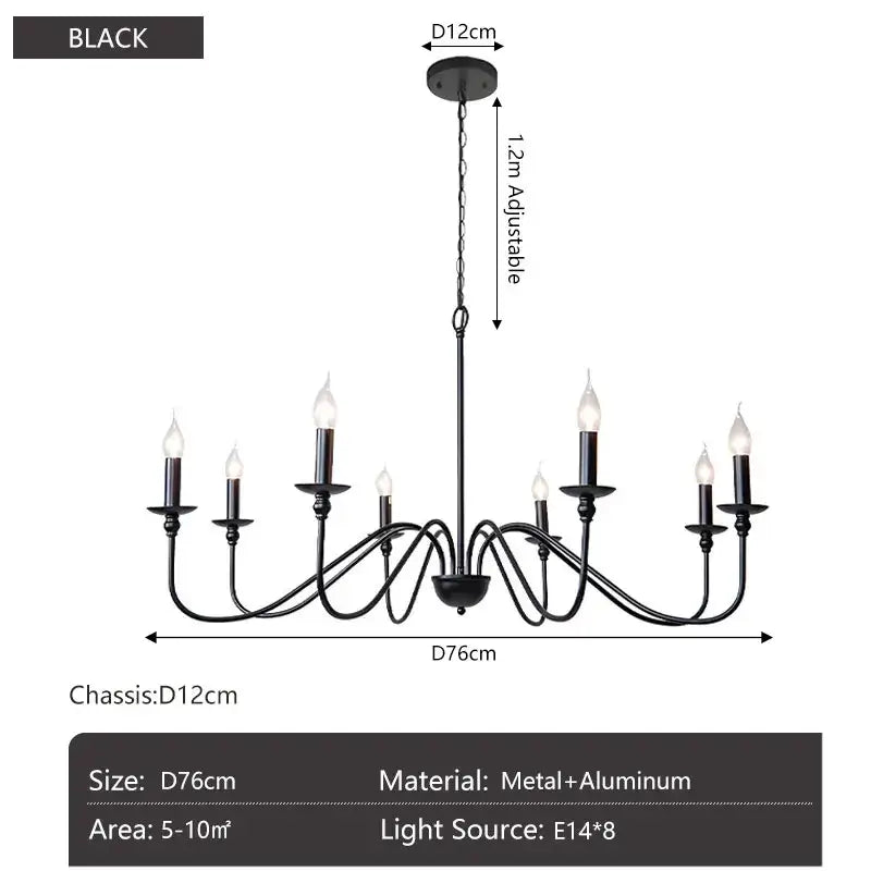 Vintage black and gold metal pendant light chandelier with eight candle-style lights for dining room use