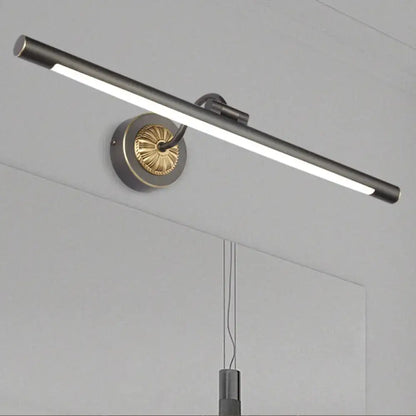 Modern matte black led vanity wall light with black gold finish and decorative gold-toned circular base for bathroom