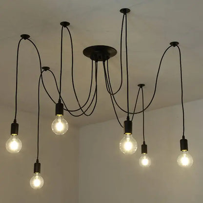Vintage black industrial pendant chandelier with multiple exposed filament bulbs and curved cords for dining room pendant light