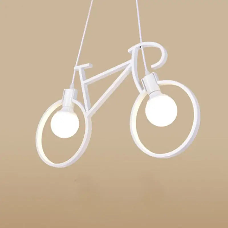 White iron bicycle chandelier pendant light by decorbites featuring two illuminated bulbs in wheels for living room decor