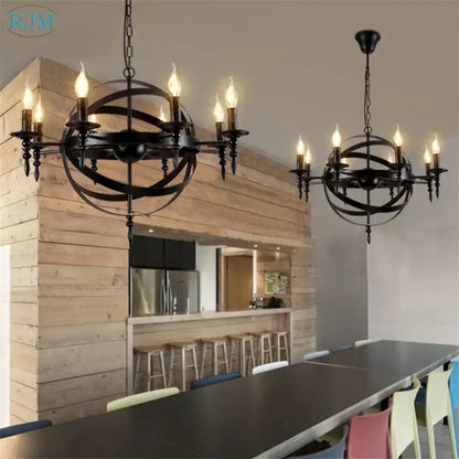 Vintage black iron pendant light featuring a globe design with multiple candle-style bulbs for dining room decorbites iron pendant