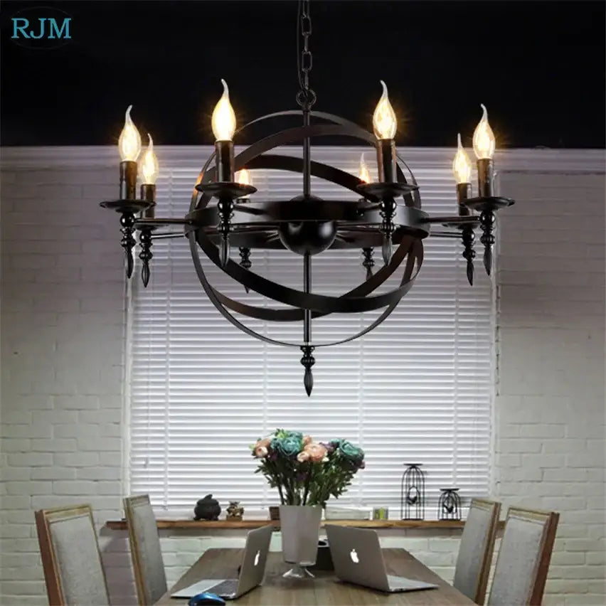 Vintage black iron pendant light with six lit candle-style bulbs ideal for dining room decorbites iron pendant light