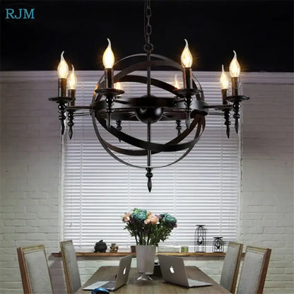 Vintage black iron pendant light with six lit candle-style bulbs ideal for dining room decorbites iron pendant light