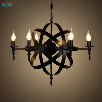 Vintage black iron pendant light featuring an atomic model design with five lit candle-style bulbs for decorbites iron pendant