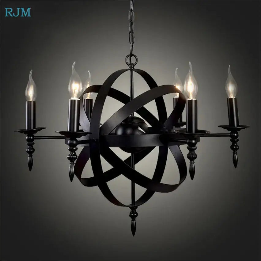 Vintage black iron pendant light featuring an atomic design with six candle-style bulbs for dining room decorbites iron pendant