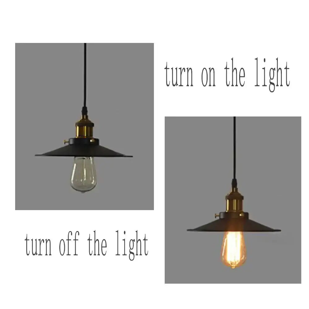 Industrial-style pendant light with black iron finish, brass hardware, and exposed edison bulb for kitchen use
