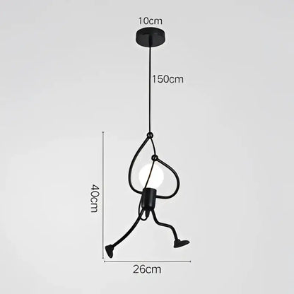 Vintage black man iron pendant light shaped like a stick figure with integrated bulb, ideal as a cartoon bedroom pendant light
