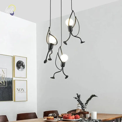Vintage black man iron pendant light featuring whimsical stick figure design with glowing bulbs for bedroom use