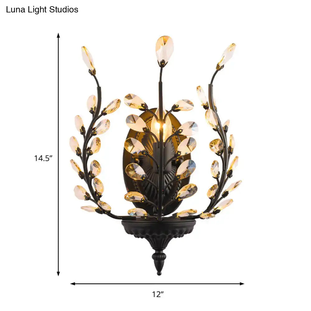 Vintage black wrought iron wall lamp with golden crystal leaves and buds led compatible with 220v-240v and 110v-120v