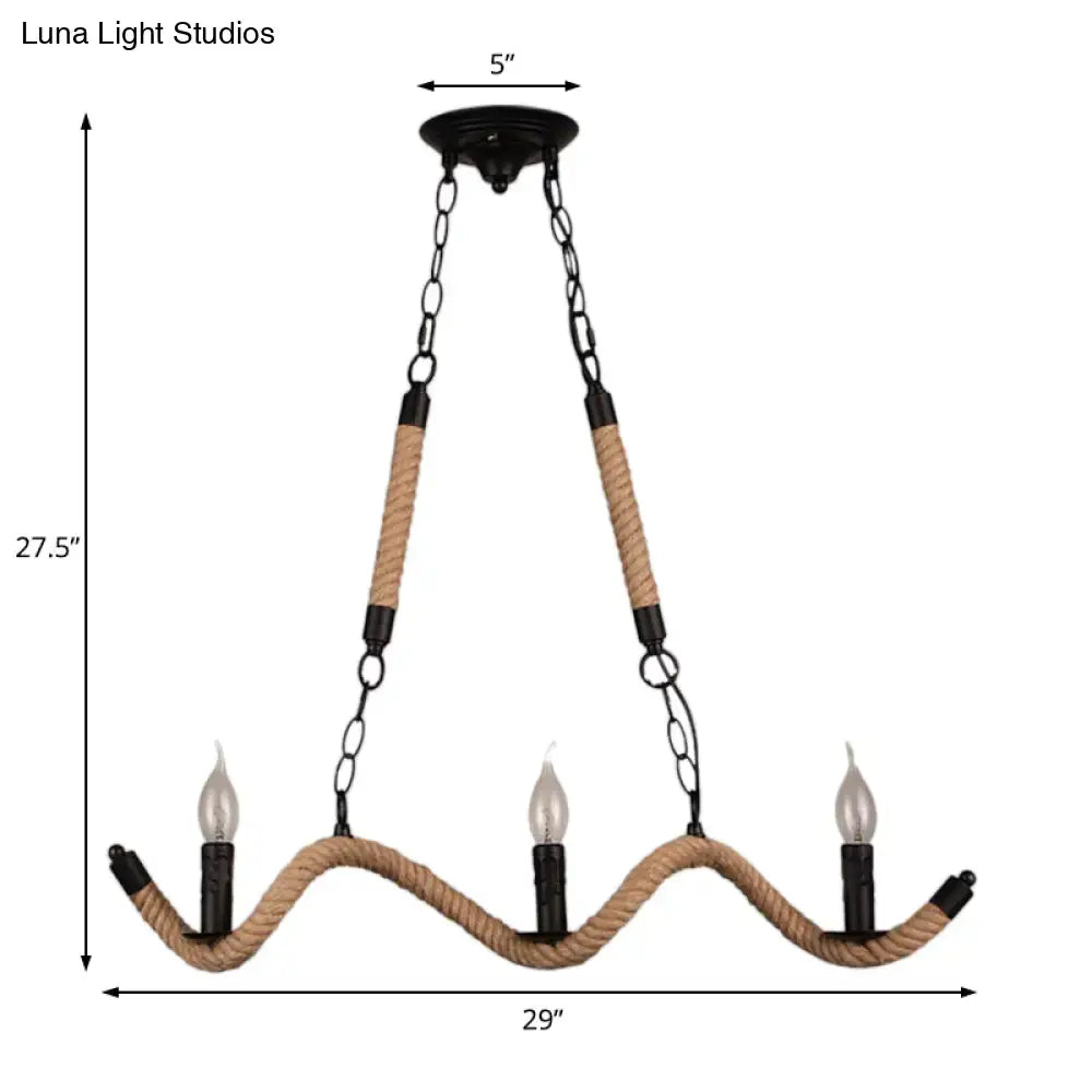 DecorBites vintage black rope pendant light with three exposed bulbs and thick beige rope wrapped chains and arms