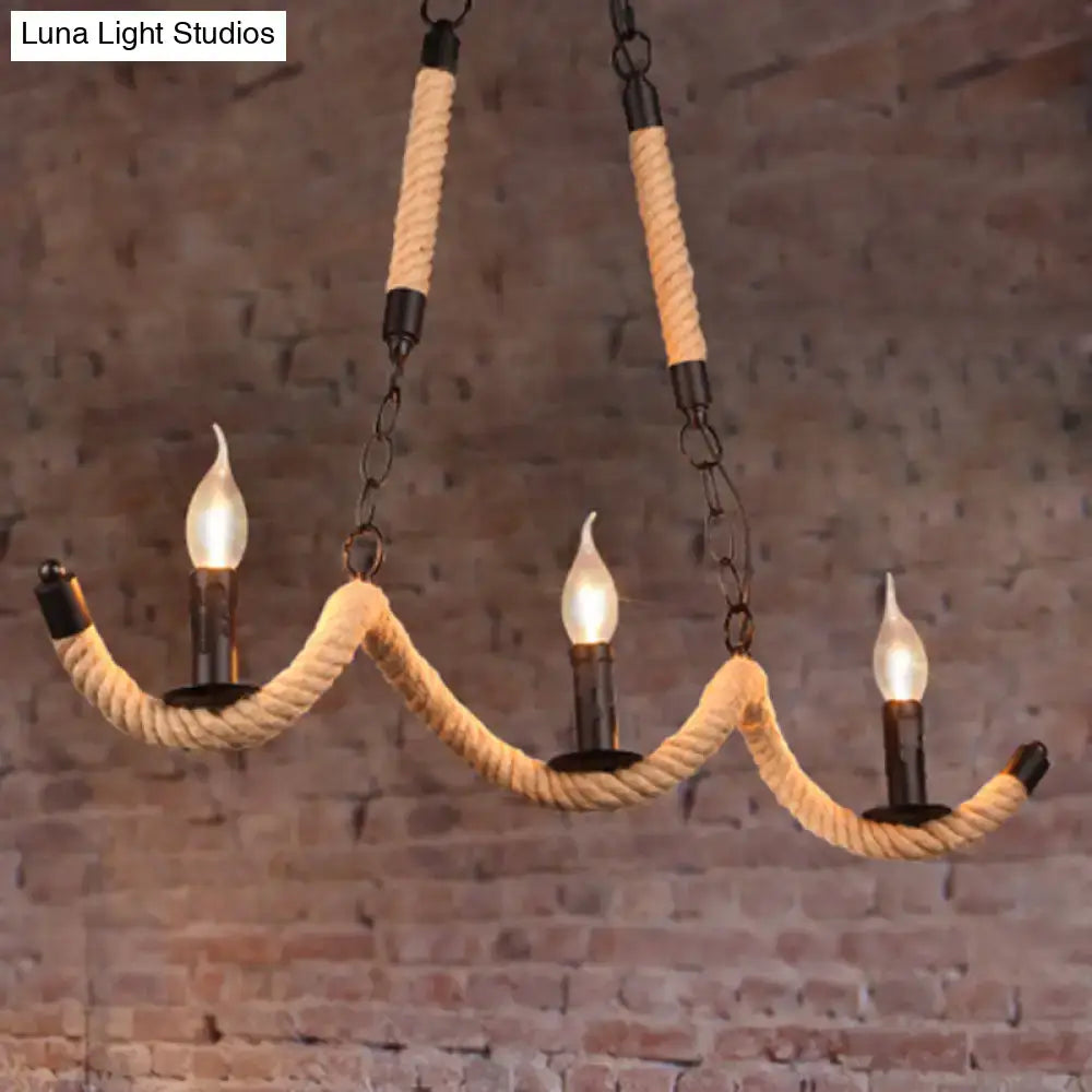 Decorbites™ vintage black rope pendant light featuring three candle bulbs and thick beige rope wrapped metal chains