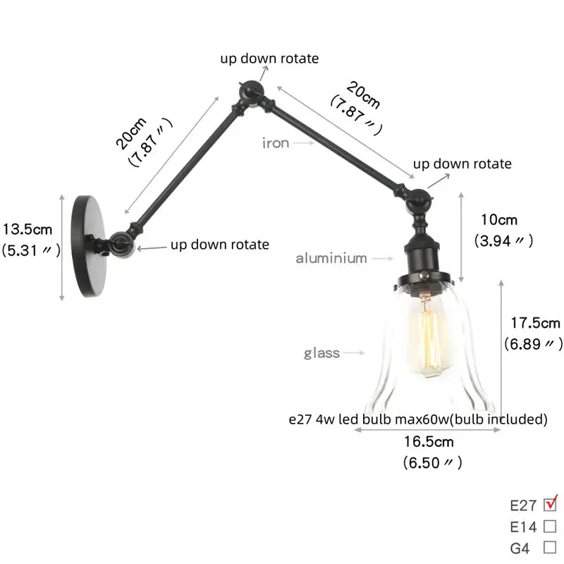 Vintage black swing arm wall lamp with adjustable iron and aluminum arms clear glass shade featuring exposed Edison bulb decorbites black vintage
