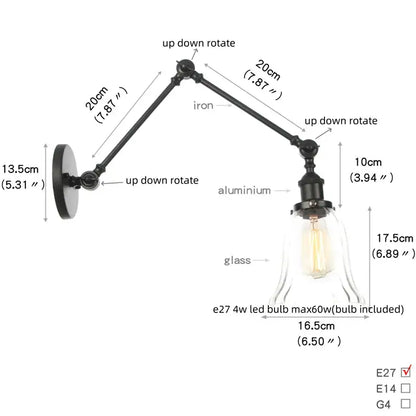 Vintage black swing arm wall lamp with adjustable iron and aluminum arms clear glass shade featuring exposed Edison bulb decorbites black vintage