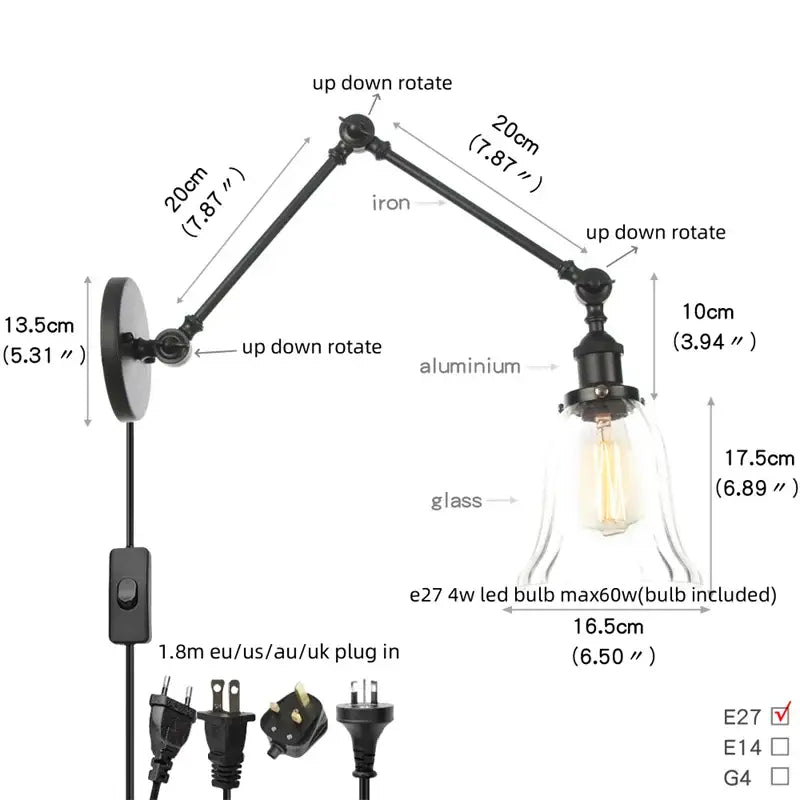 Vintage black swing arm wall lamp with glass shade and adjustable arms including led bulb by decorbites black vintage