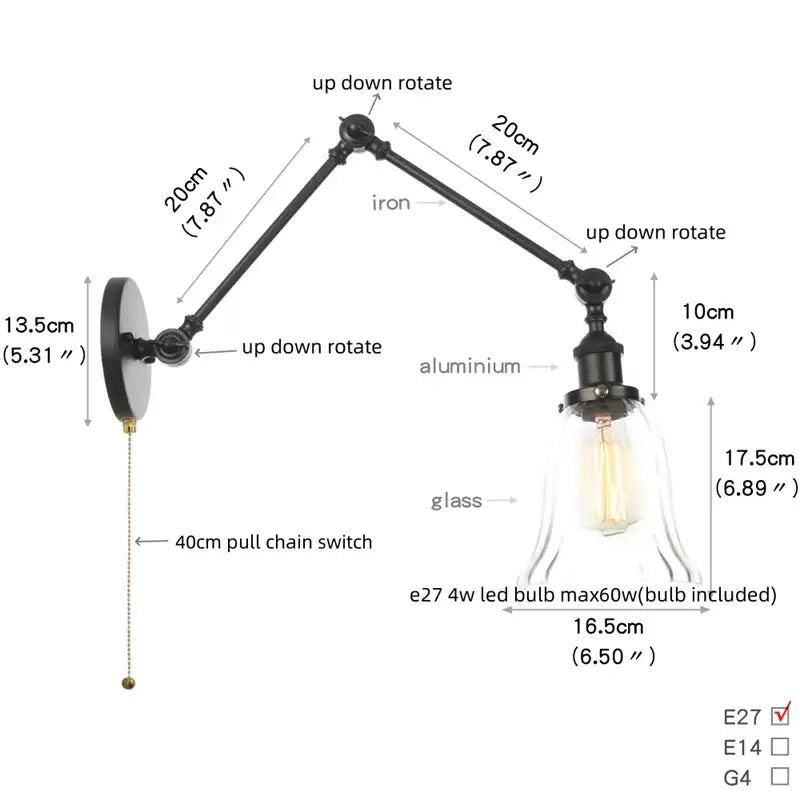 Vintage black swing arm wall lamp with clear glass shade and e27 led bulb by decorbites black vintage for bedroom decor