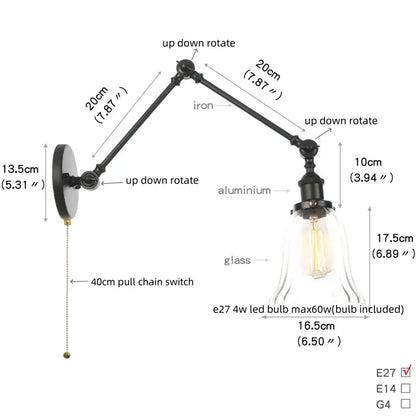 Vintage black swing arm wall lamp with clear glass shade and e27 led bulb by decorbites black vintage for bedroom decor