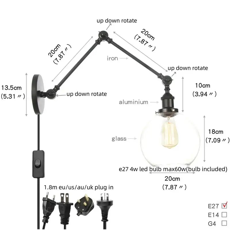 Vintage black swing arm wall lamp by decorbites with iron and aluminum frame and clear glass globe shade