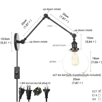 Vintage black swing arm wall lamp by decorbites with iron and aluminum frame and clear glass globe shade