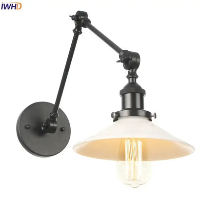 Black wrought iron adjustable swing arm wall lamp with white glass shade and exposed filament bulb decorbites black vintage