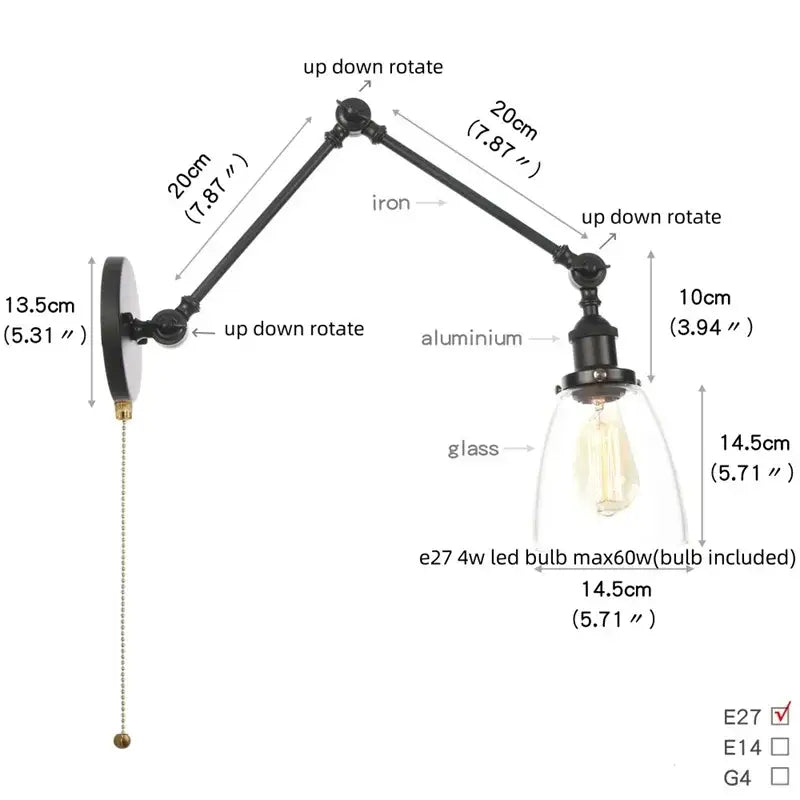 Vintage black swing arm wall lamp with iron and aluminum adjustable arms clear glass shade and exposed Edison bulb decorbites black vintage