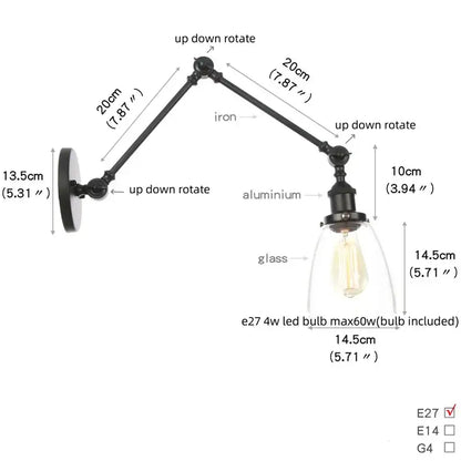 Vintage black swing arm wall lamp with adjustable iron and aluminum arms and clear glass shade by decorbites black vintage