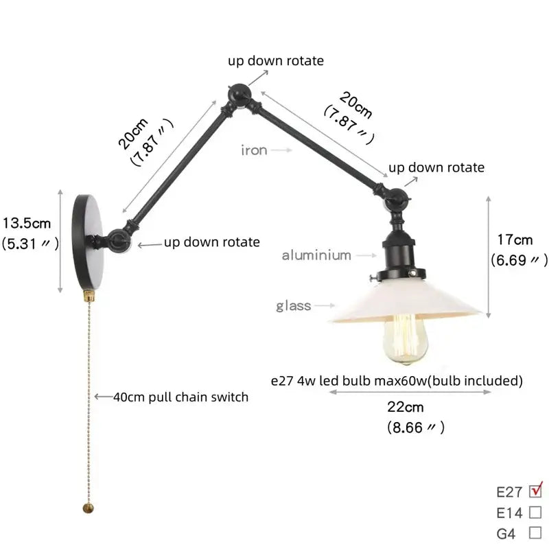 Vintage black swing arm wall lamp in iron and aluminum with a white glass shade by decorbites black vintage