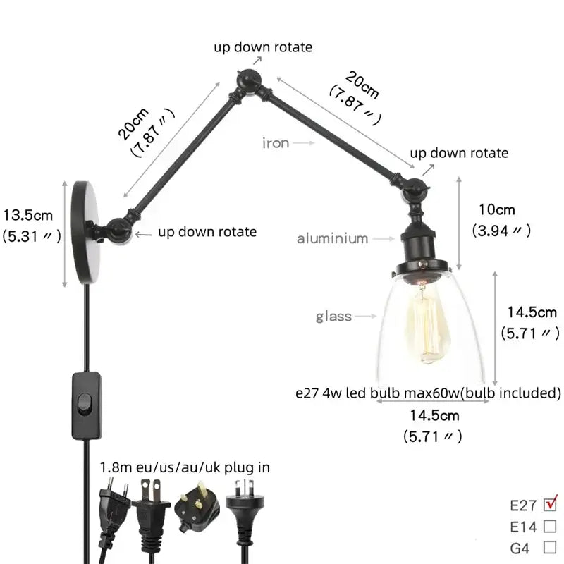 Adjustable vintage black swing arm wall lamp by decorbites made of iron and aluminum with clear glass shade and e27 led bulb