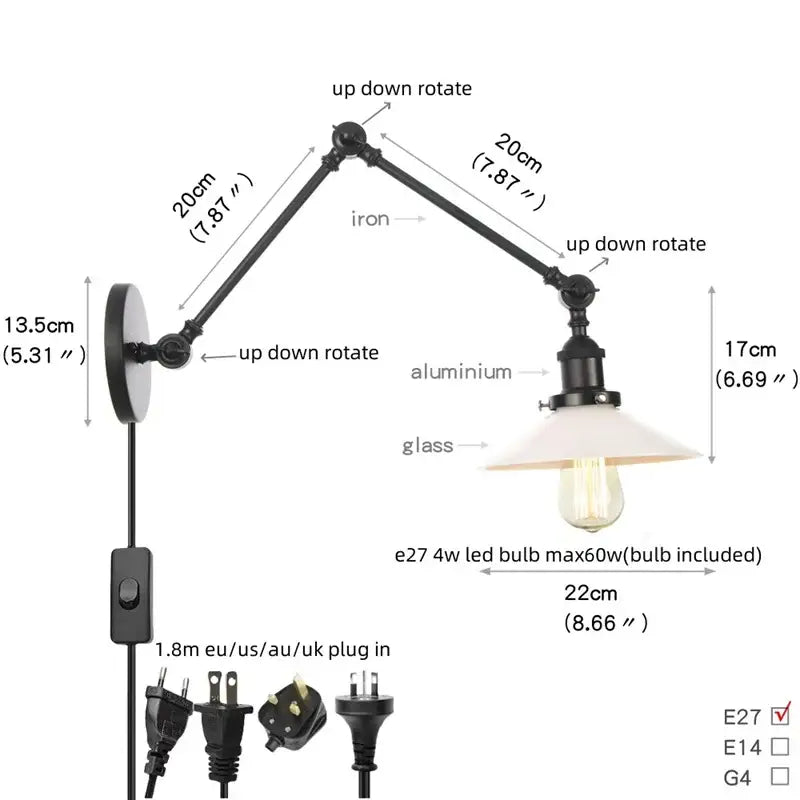 Vintage black swing arm wall lamp with white glass shade made of iron and aluminum for bedroom decorbites black vintage