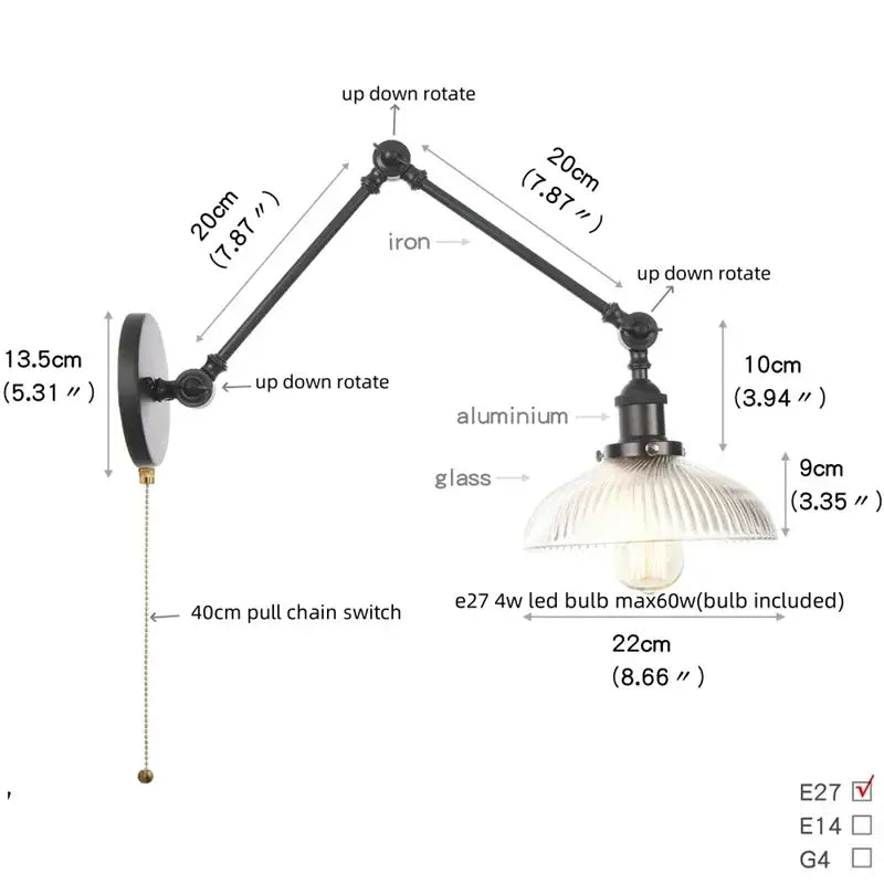 Vintage black swing arm wall lamp with adjustable iron and aluminum arms and ribbed glass shade for decorbites black vintage