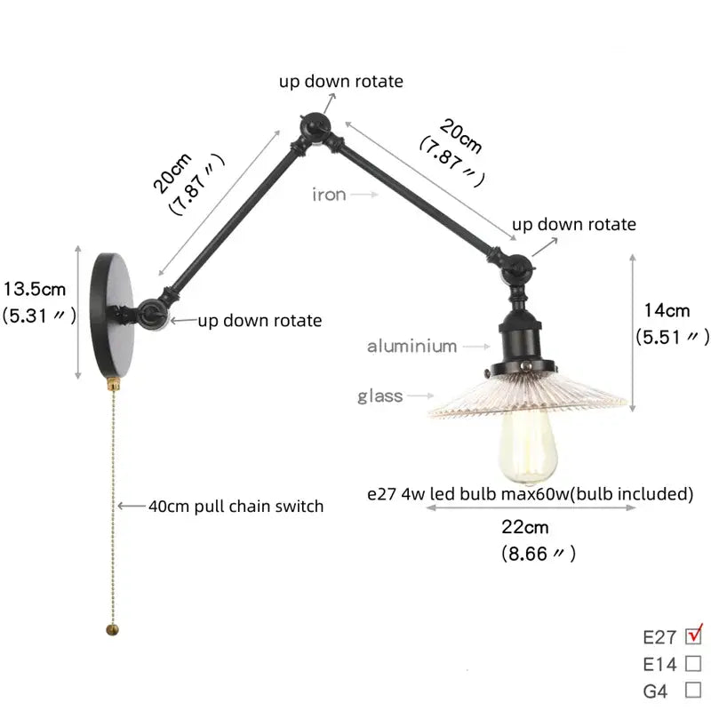 Black vintage swing arm wall lamp with adjustable iron and aluminum arms and clear glass shade by decorbites