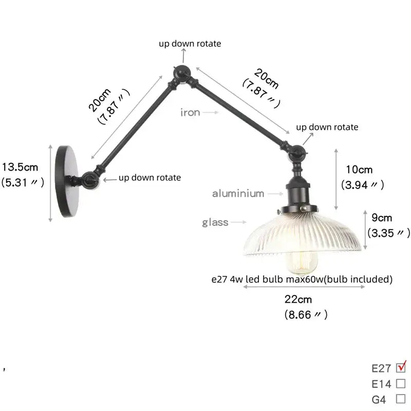 Vintage black swing arm wall lamp with adjustable iron and aluminum arms and ribbed glass shade by decorbites black vintage