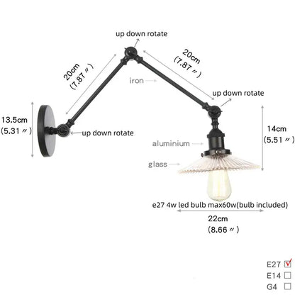Vintage black swing arm wall lamp with iron and aluminum adjustable arms and clear glass shade for decorbites black vintage