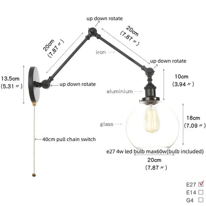 Vintage black swing arm wall lamp with iron and aluminum adjustable arm and clear glass globe by decorbites black vintage