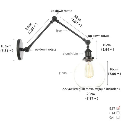Vintage black swing arm wall lamp with wrought iron and aluminum frame and clear glass globe by Decorbites Black Vintage