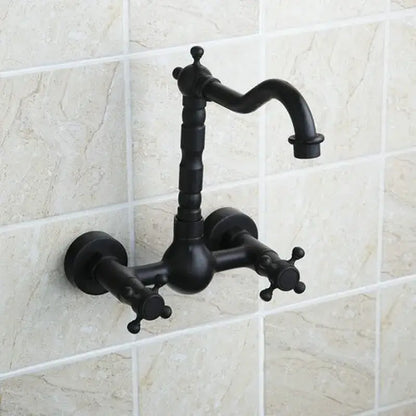 Vintage black swivel wall mounted bathroom faucet with ceramic base and black matte finish featuring curved spout and cross handles